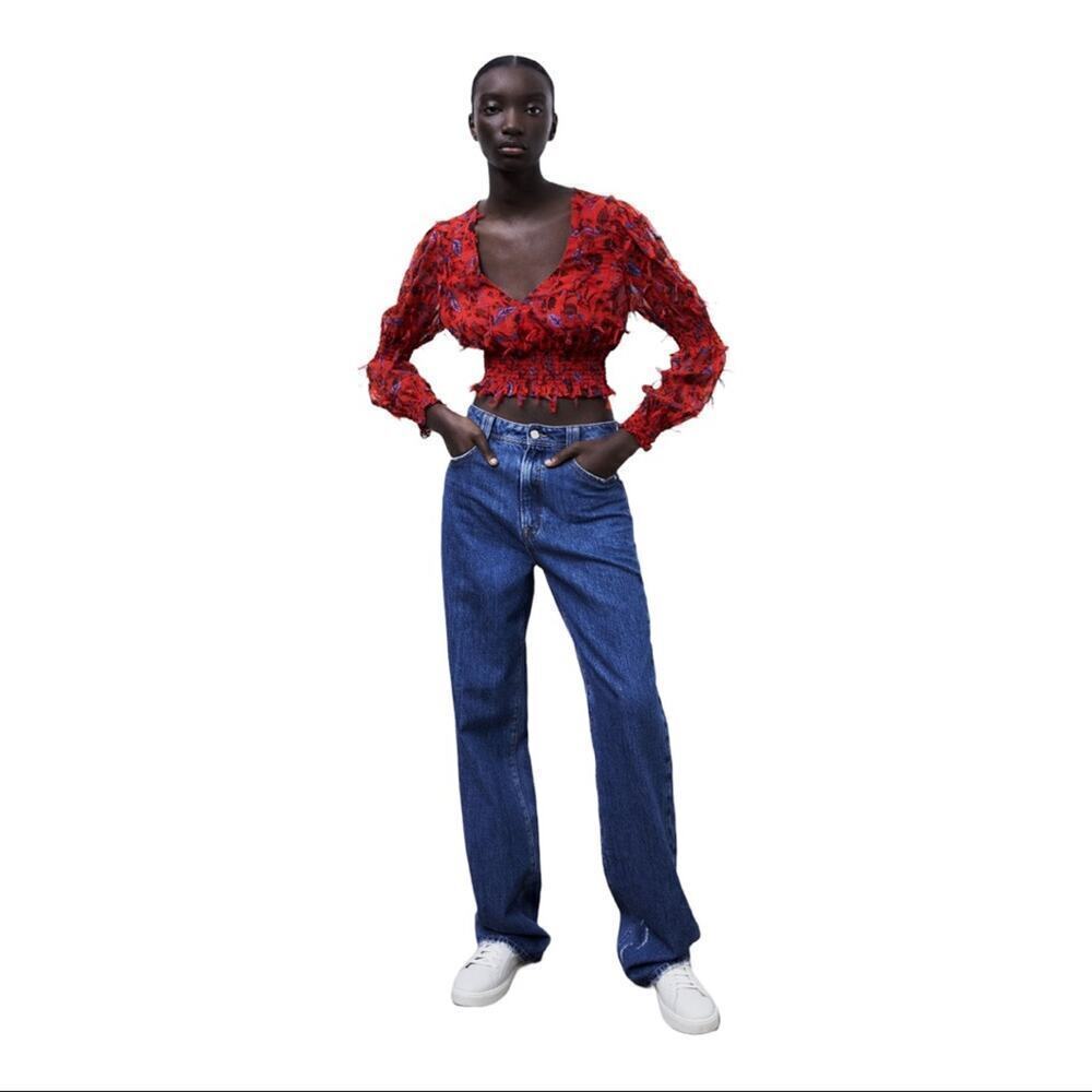 Red Floral Smocked Sheer Blouse Zara Fringing Cropped Top Long Sleeve Size XS